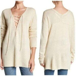 Boho Cream Lace-Up V-Neck Tunic Sweater Sz medium Knit Long Sleeve Pullover